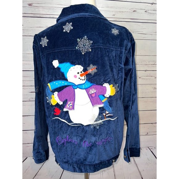 Quacker Factory cardigan‎ Medium Ugly Christmas Sweater Snowman Velour Jacket - Picture 2 of 11